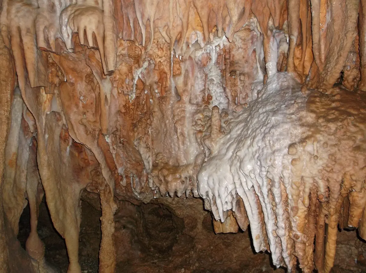 Orangefarbene und weiße Stalaktiten und Sinterdraperien in der Bridal Cave bei Camdenton