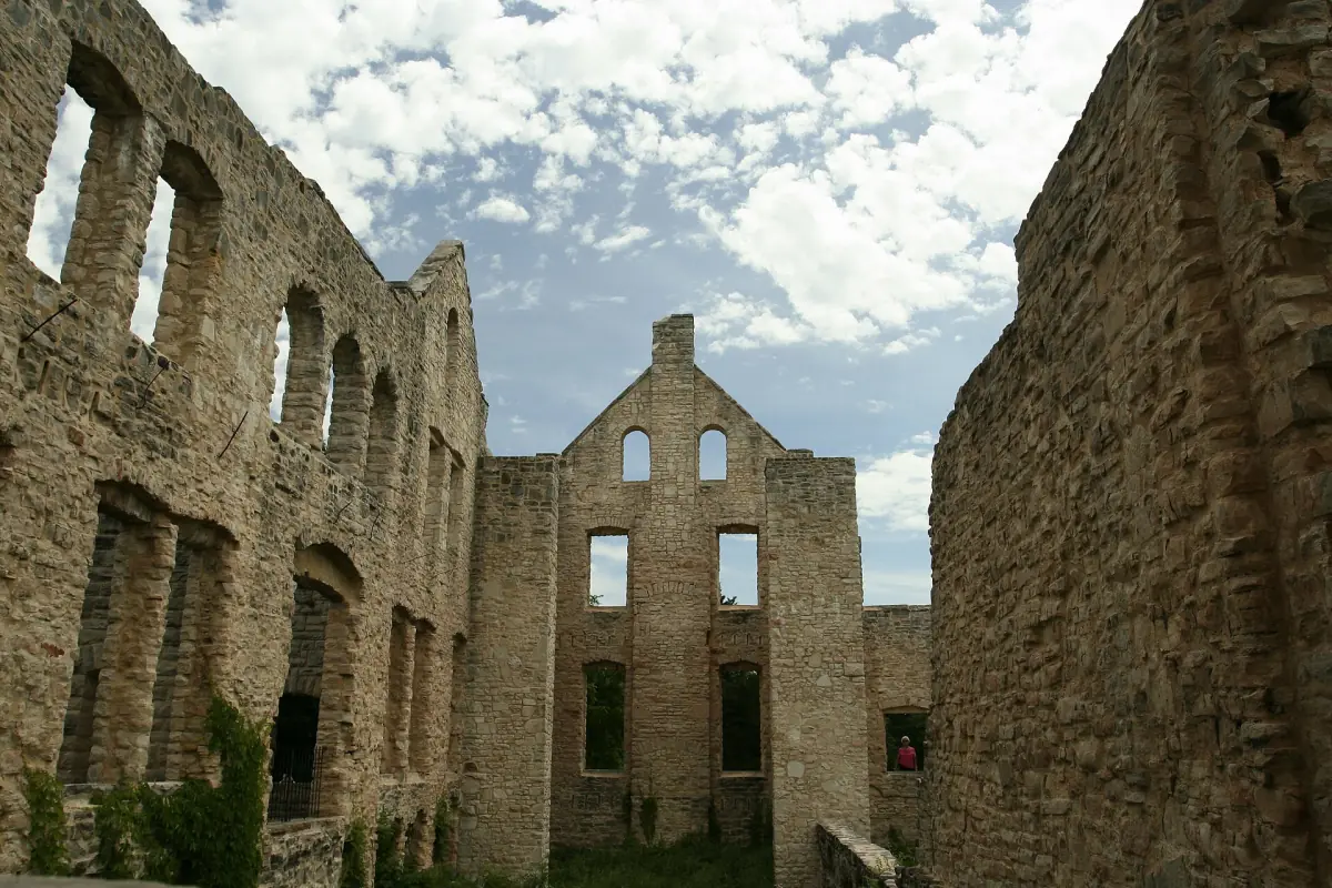 Stone walls of the Ha Ha Tonka castle ruins under a partly cloudy sky