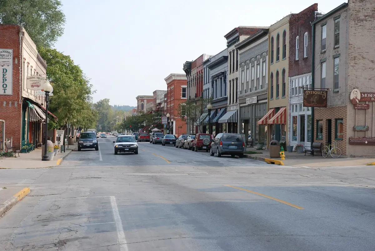 Historic brick buildings along Main Street in Hannibal on the Mississippi bluffs