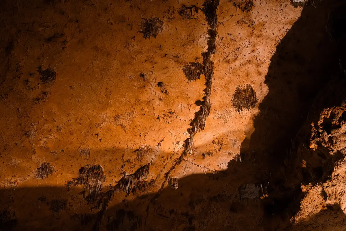 Warm orange flowstone wall with a crack and rounded bumps inside Onondaga Cave