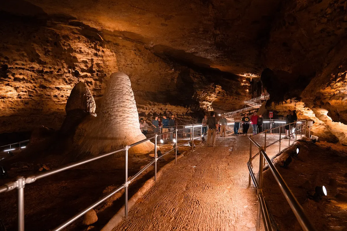 Large cone-shaped stalagmite beside the boardwalk in Onondaga Cave State Park