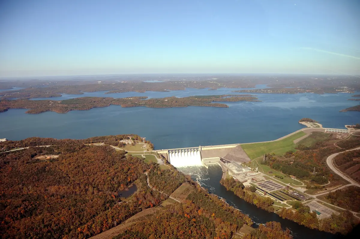 Aerial view of Table Rock Dam and the islands of Table Rock Lake in autumn